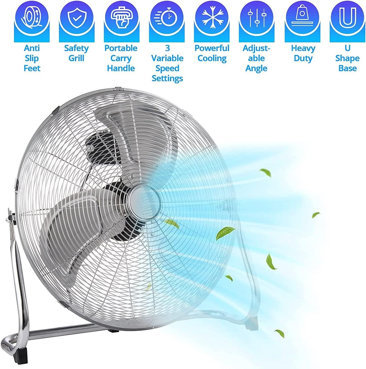 A picture of a classic chrome floor fan blowing away leaves with all of the features of this fan listed at the top