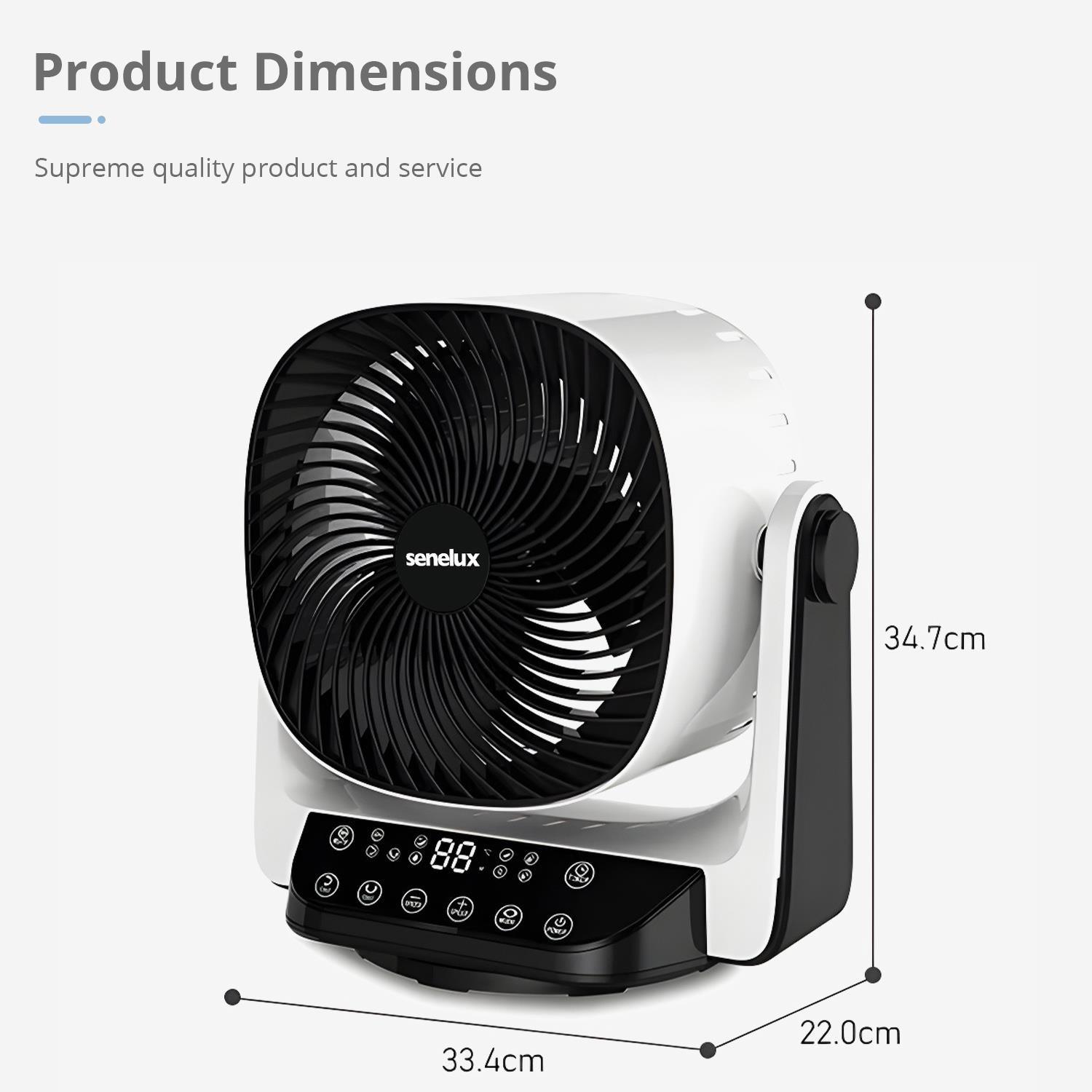 Senelux 9” DC Air Circulator Fan - Ultra Quiet - Automatic Oscillation, 8 Fan Speeds, 4 Operational Modes, Timer, LED Display & Remote Control - Senelux